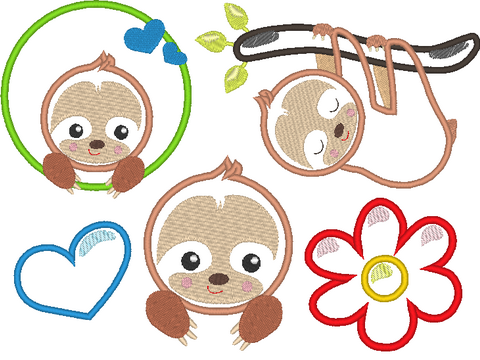 Stickdatei - Faultier mit Herz und Blume für Stoffapplis