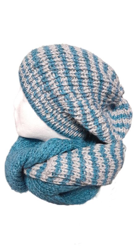 Strick - Anleitung für das Winterset aus Schal und Beanie in blau grau