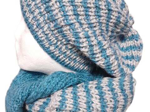 Strick - Anleitung für das Winterset aus Schal und Beanie in blau grau
