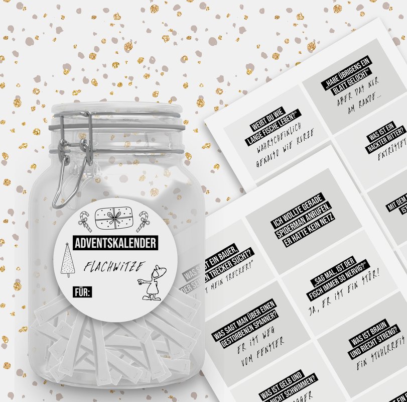 Glas mit Papierstreifen und Etikett „Adventskalender Flachwitze“ neben
ausgedruckten Witzkärtchen