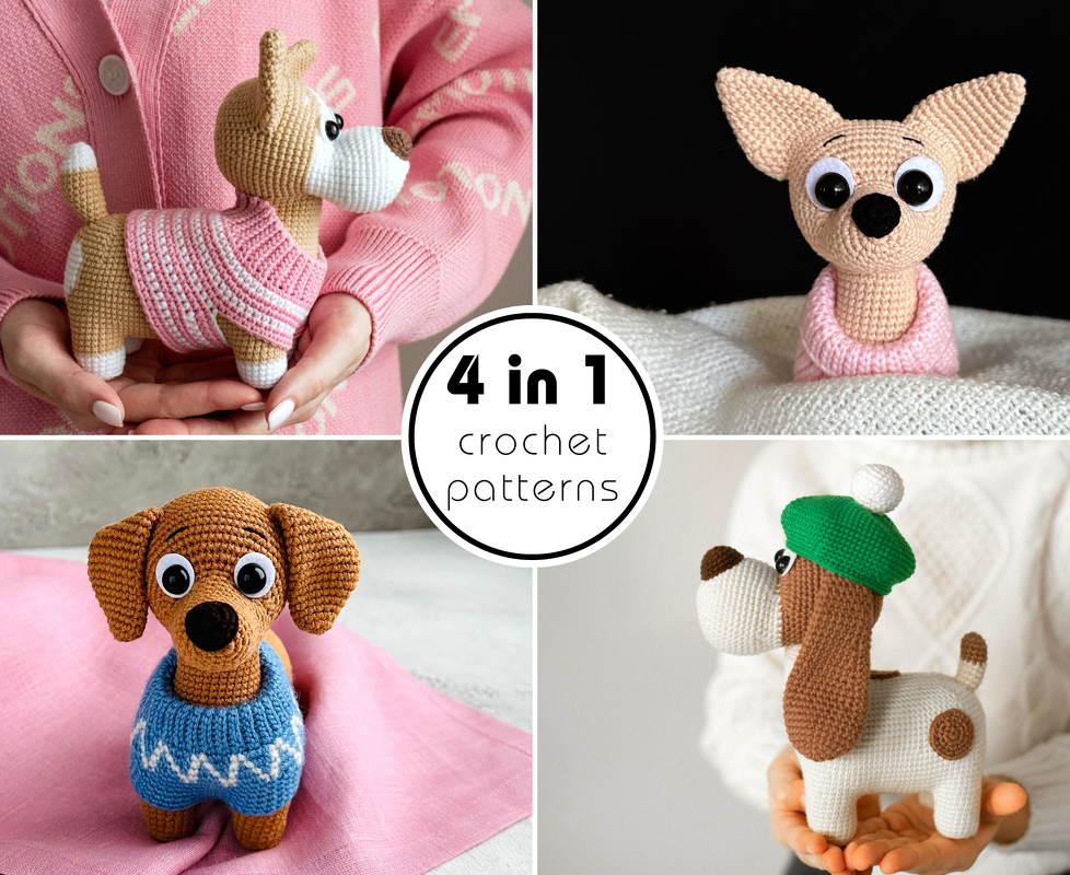 Set 4 von Häkelanleitungen: Corgi, Dackel, Chihuahua und Hündchen Bruno