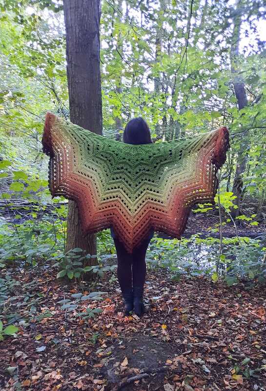 Back view of a person wearing a green-to-brown ombre crochet star shawl in a forest.