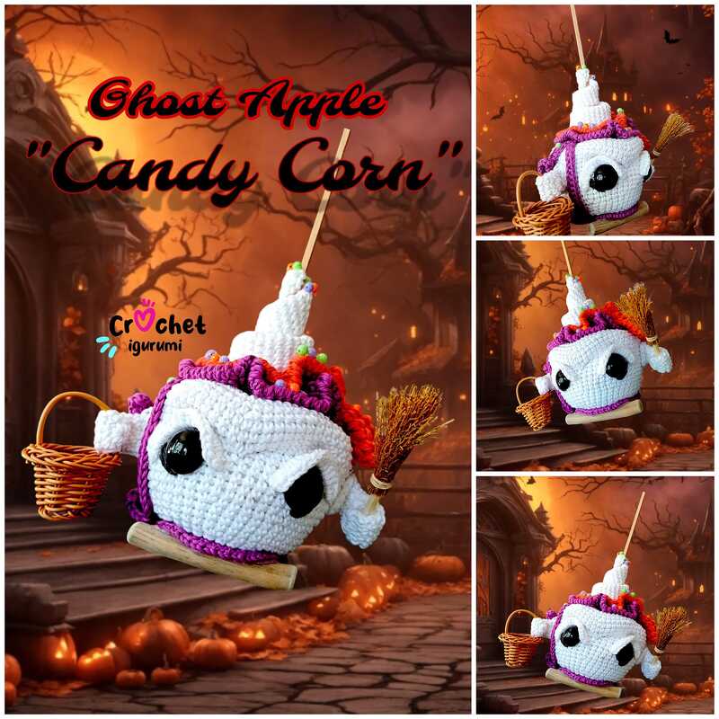Gehäkelter weißer Geister-Apfel Amigurumi mit buntem Rand, Besen und Korb vor gruseliger Halloween-Kulisse