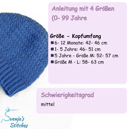 Star Stitch Crochet Hat (0-99 years, 4 sizes)