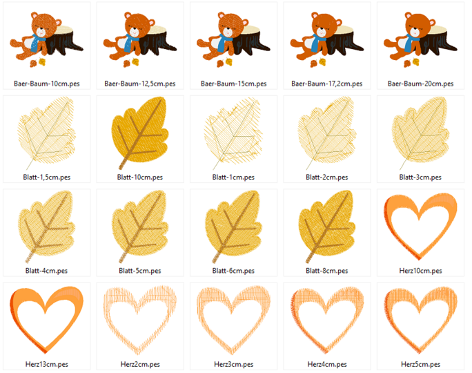 Stickdatei - Herbst Bär, Blatt, Herz und Vogel Bär schlafend am Baum