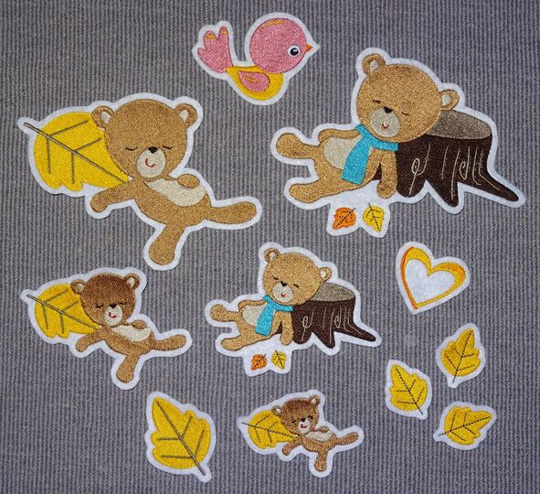 Stickdatei - Herbst Bär, Blatt, Herz und Vogel Bär schlafend am Baum