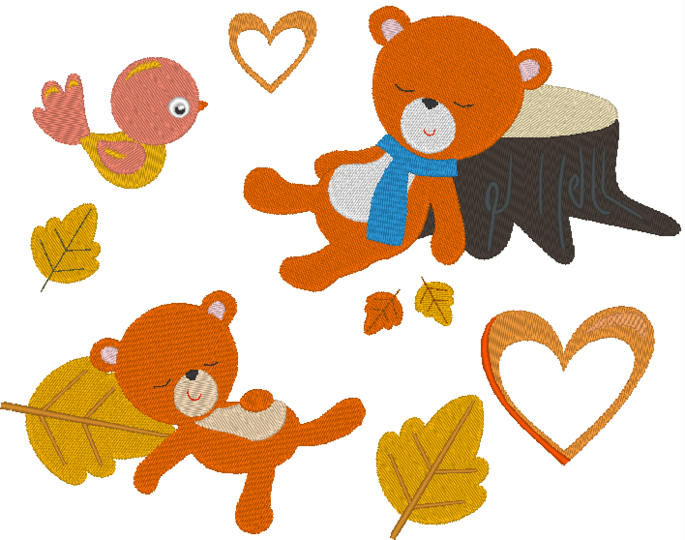 Stickdatei - Herbst Bär, Blatt, Herz und Vogel Bär schlafend am Baum