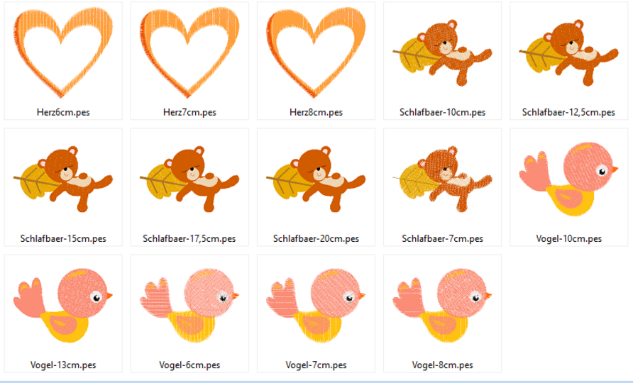 Stickdatei - Herbst Bär, Blatt, Herz und Vogel Bär schlafend am Baum