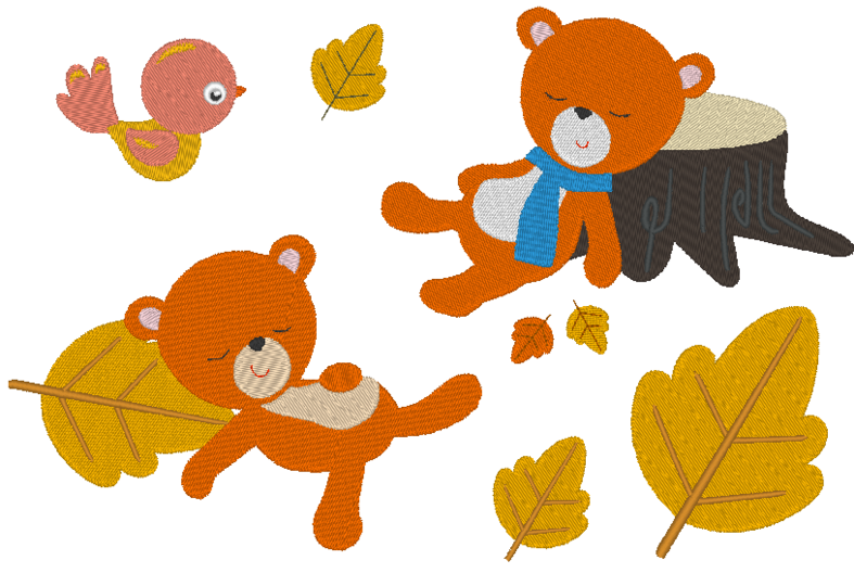 Stickdatei - Herbst Bär, Blatt, Herz und Vogel Bär schlafend am Baum