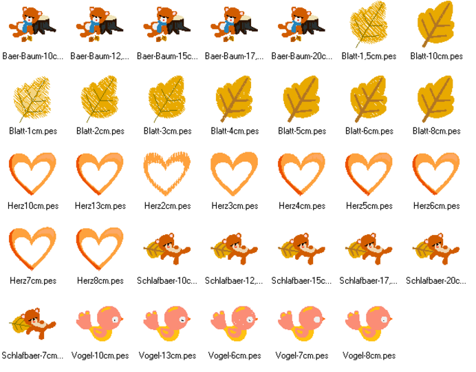 Stickdatei - Herbst Bär, Blatt, Herz und Vogel Bär schlafend am Baum