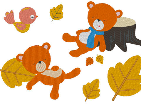 Stickdatei - Herbst Bär, Blatt, Herz und Vogel Bär schlafend am Baum
