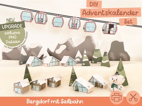DIY Adventskalender Set: Winterliches Bergdorf mit Seilbahn - PDF + PNG
