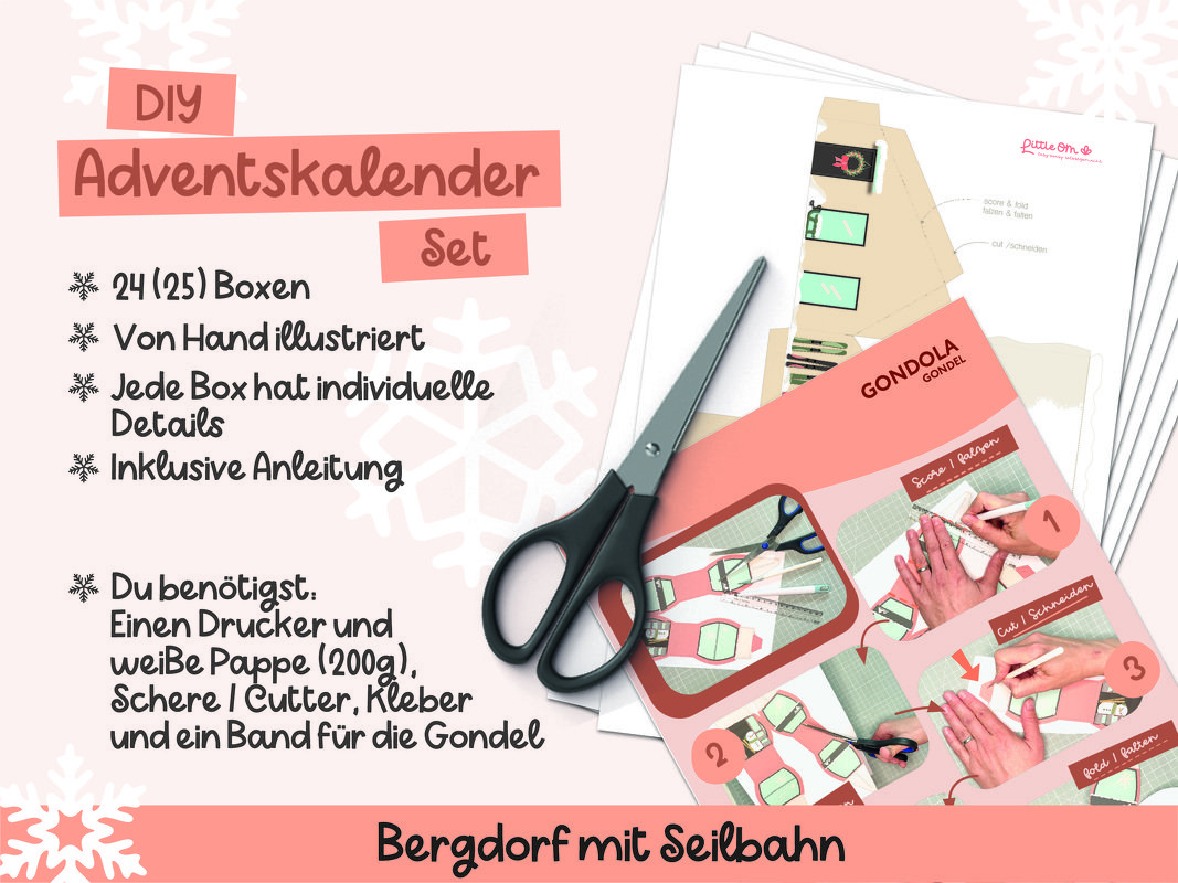 DIY Adventskalender Set: Winterliches Bergdorf mit Seilbahn - PDF + PNG - Bild 3