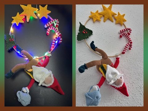 Häkelanleitung für einen lustigen Weihnachtswichtel im Holzring.