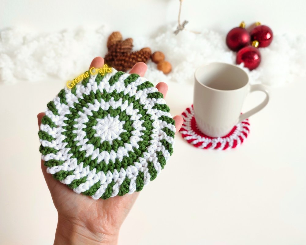 Christmas Peppermint Candy Coasters - Crochet Pattern for Beginners
