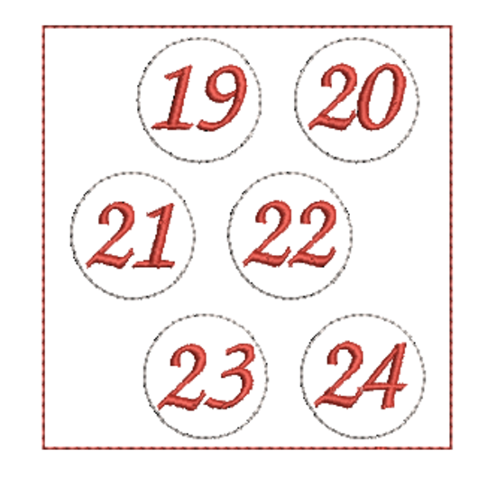 Stickdatei Adventskalenderzahlen rund für Button zum Aufnähen oder Aufklebe