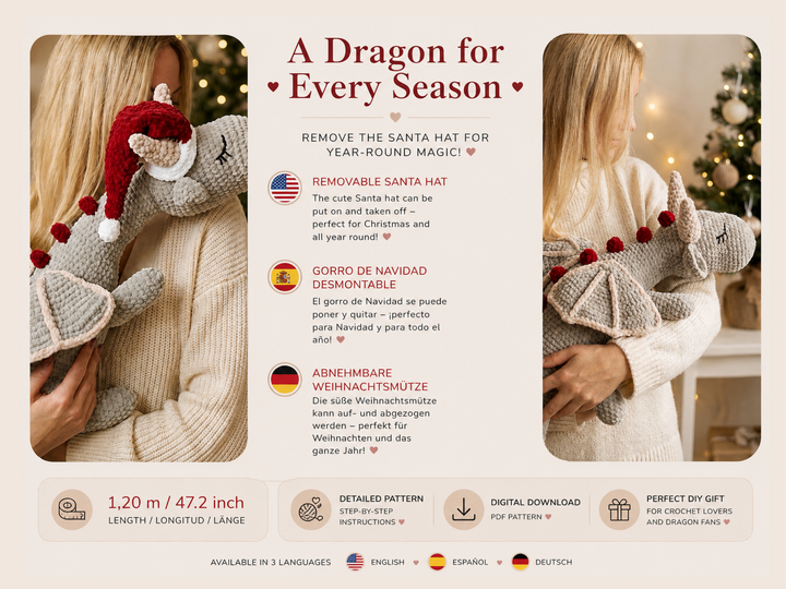 XXL Christmas Dragon Crochet Pattern  | 1,20m | 47'