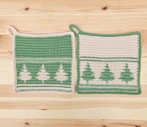 Häkelanleitung Topflappen "Tannenbäume"