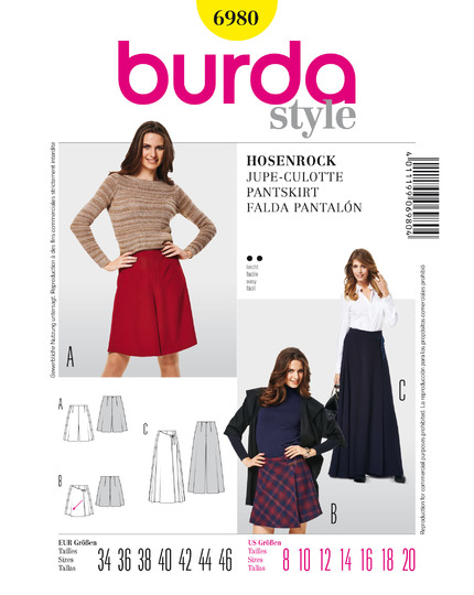 burda Schnittmuster Damen Hosenröcke 6980C Gr. 34-46