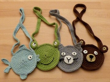 Häkelanleitung für Brustbeutel "Tiere": Fisch, Frosch, Katze, Bär