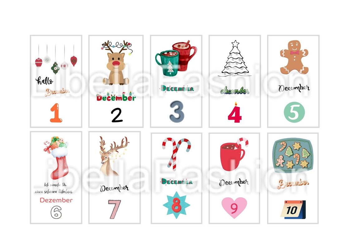 Zehn Karten mit den Zahlen 1 bis 10 und weihnachtlichen Illustrationen wie Rentier, Tassen, Tannenbaum und Lebkuchen.