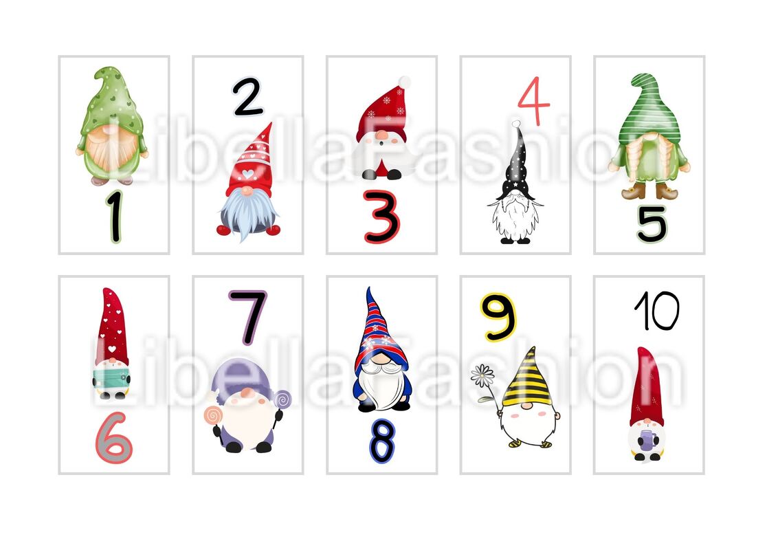 Zehn nummerierte Zwergenkarten mit bunten Hüten auf weißem Hintergrund, in zwei Reihen angeordnet.