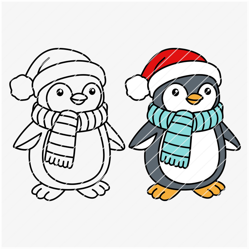Outline and colored cartoon penguins wearing Santa hats and striped scarves.