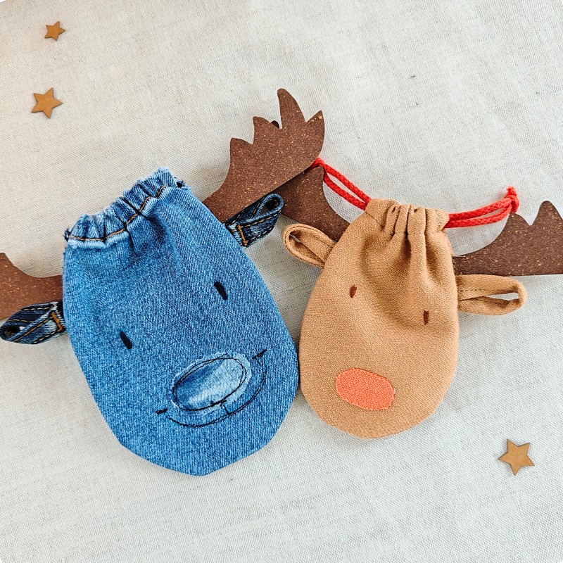 Elch-Geschenkbeutel mit Tunnelzug nähen, Jeans Upcycling o. Stoffreste