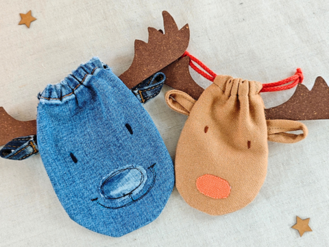 Elch-Geschenkbeutel mit Tunnelzug nähen, Jeans Upcycling o. Stoffreste