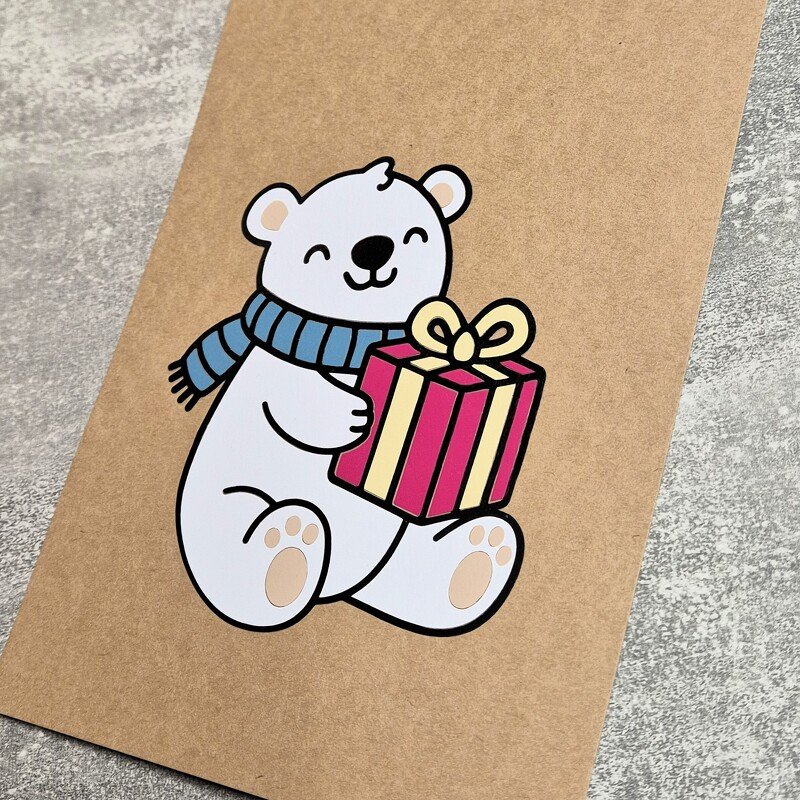 Cutting File Polar Bear with Gift Winter Christmas SVG PNG DXF PDF Vector - Image 3
