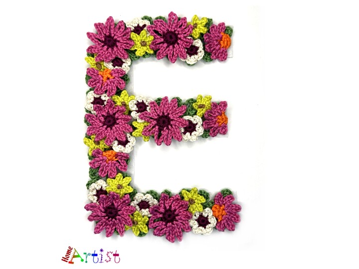 Floral letter E crochet applique