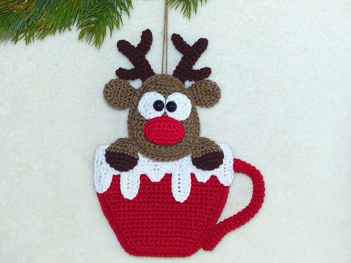 Häkelanleitung Weihnachtsanhänger Rentier in Tasse