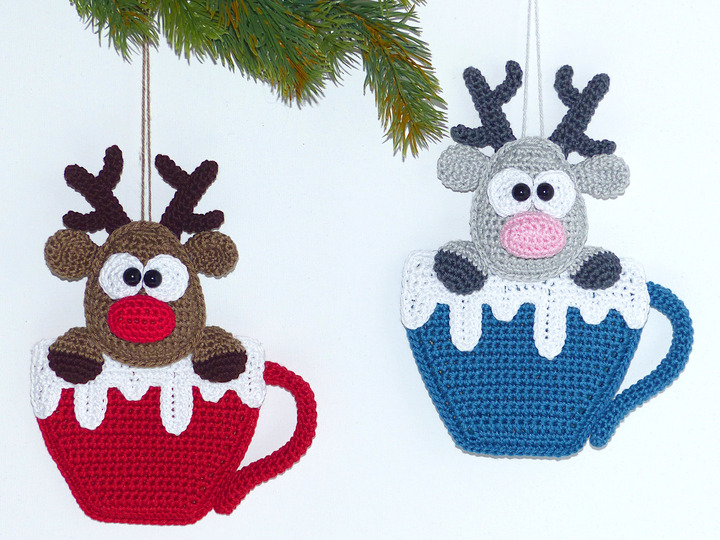 Häkelanleitung Weihnachtsanhänger Rentier in Tasse