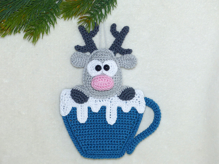Häkelanleitung Weihnachtsanhänger Rentier in Tasse