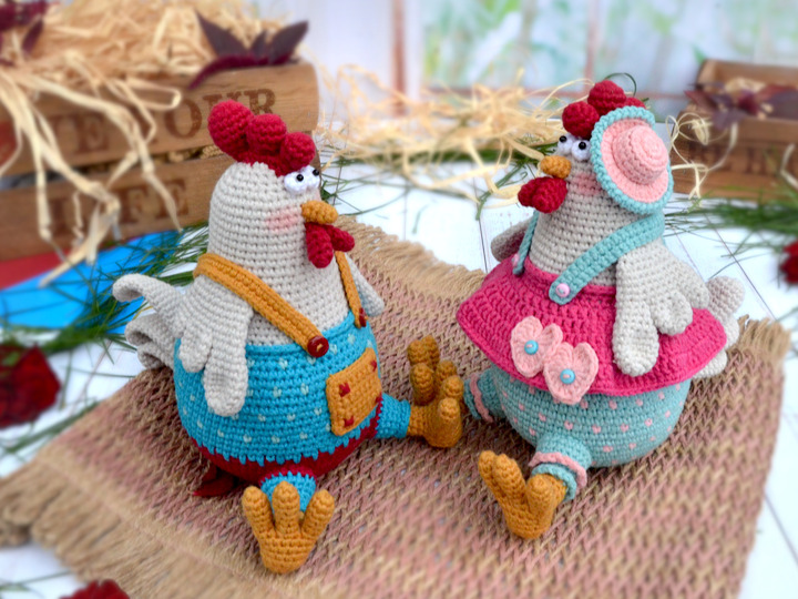 Crochet pattern amigurumi rooster with hen, Easter decorations