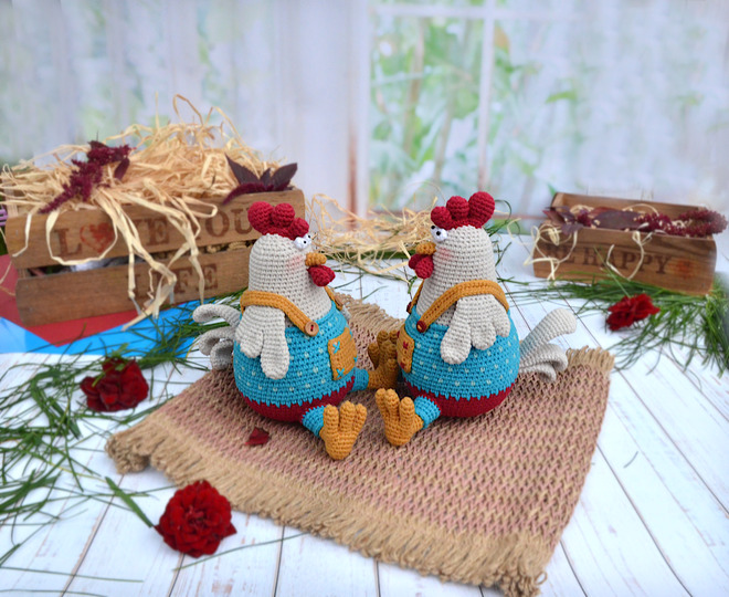 Crochet pattern amigurumi rooster with hen, Easter decorations