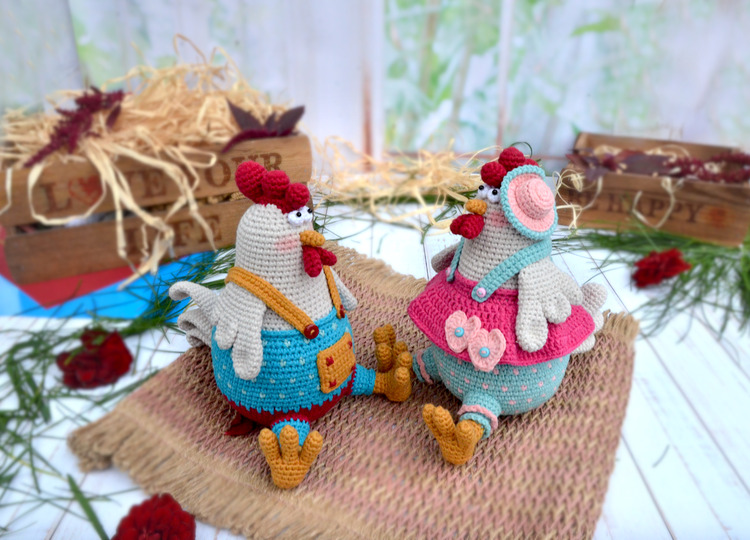 Crochet pattern amigurumi rooster with hen, Easter decorations