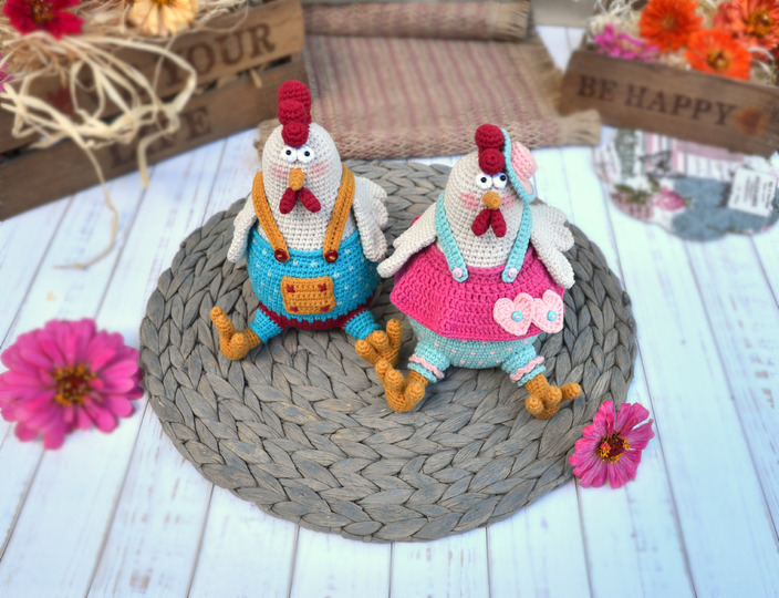 Crochet pattern amigurumi rooster with hen, Easter decorations