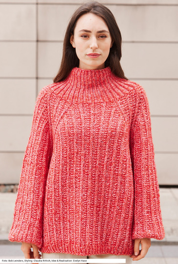 Raglan-Pulli und Schal im Patentmuster in Hummerrosa