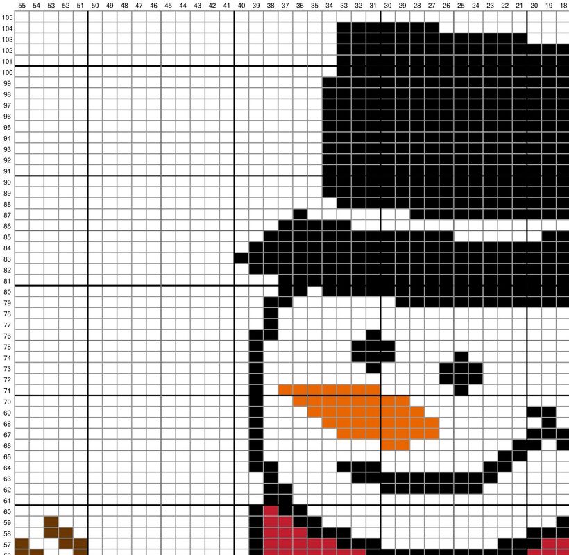 Pixel knitting chart of a snowman face with black top hat and orange carrot nose on a numbered grid