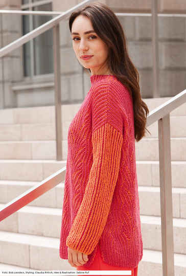 Pulli mit zweifarbigem Patent (Brioche) in Orange und Pink