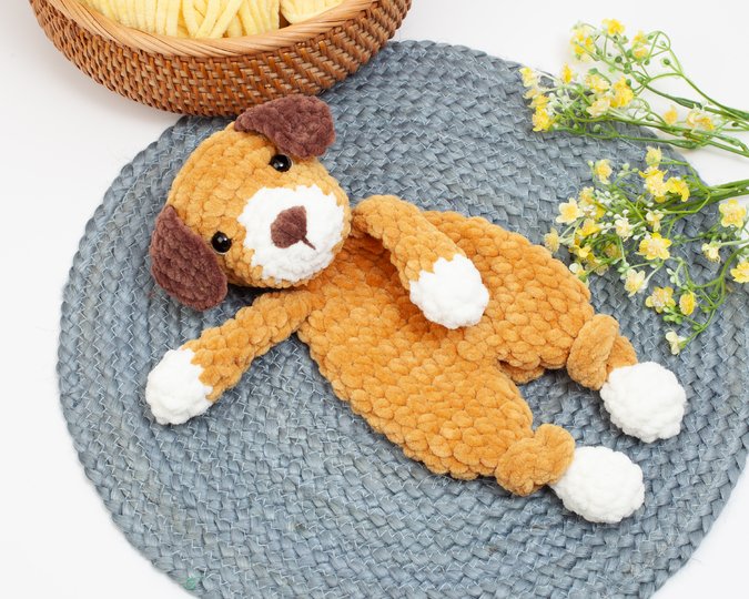 Crochet Puppy snuggler pattern, Dog knotted lovey crochet pattern