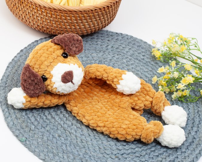 Crochet Puppy snuggler pattern, Dog knotted lovey crochet pattern