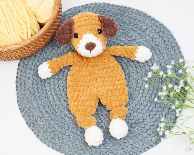 Crochet Puppy snuggler pattern, Dog knotted lovey crochet pattern
