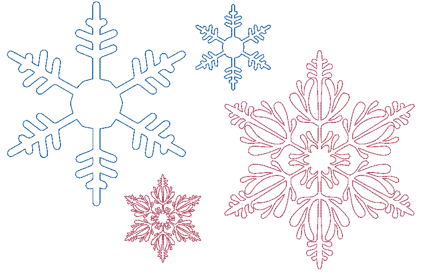 Verschiedene Schneeflocken-Umrisslinien in Blau und Rot