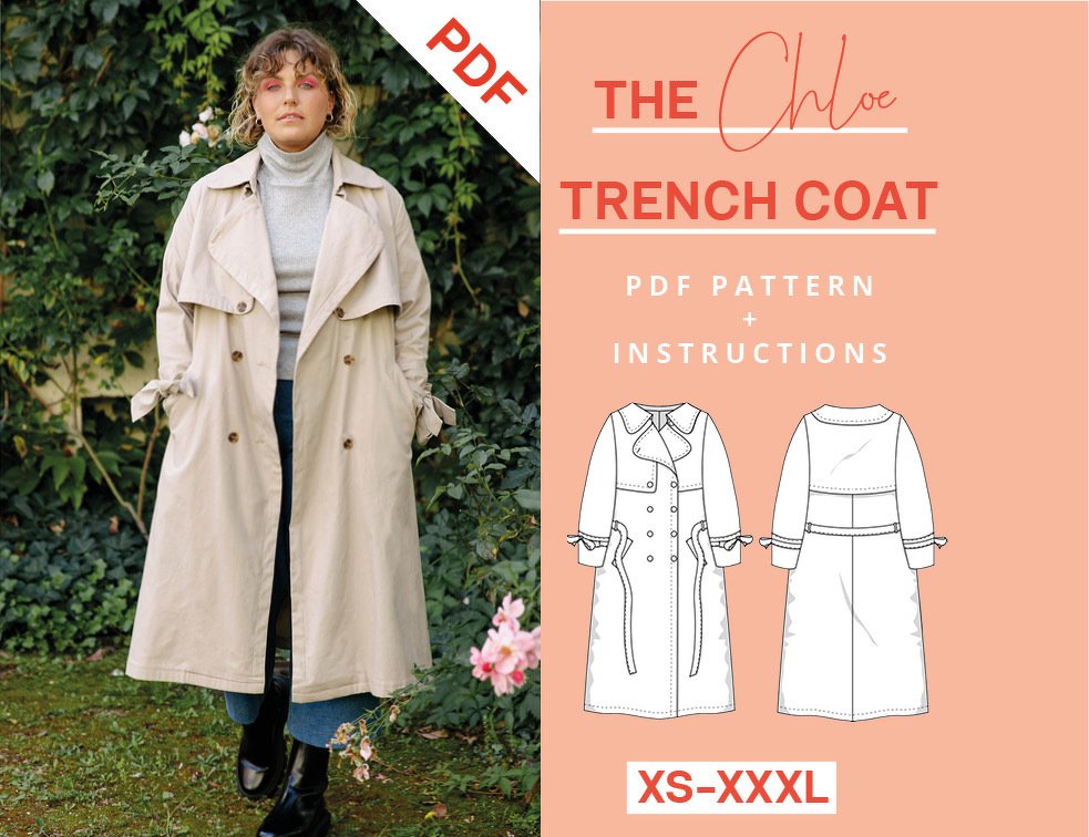 Trench coat pattern, coat sewing, XS-XXXL women, jacket pattern
