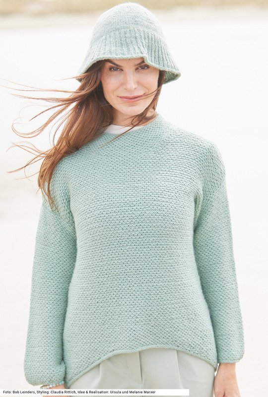 Pulli und Hut mit Schlingenmuster in Graugrün - Bild 5