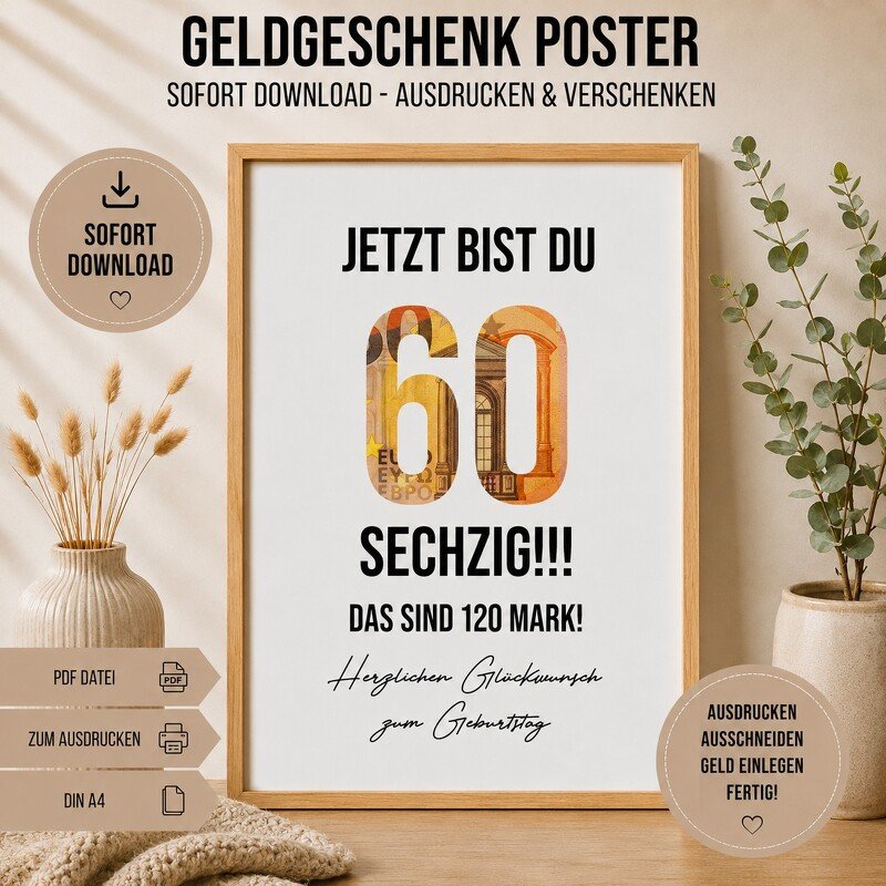 Poster GELDGESCHENK Geburtstag 60 DOWNLOAD Vorlage Geldgeschenk - Bild 2