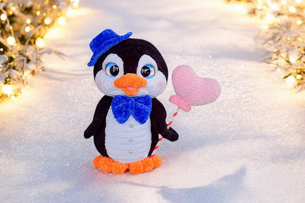 Crocheted black and white penguin amigurumi wearing a blue hat and bow tie, holding a pink heart on a striped stick on snow with fairy lights.