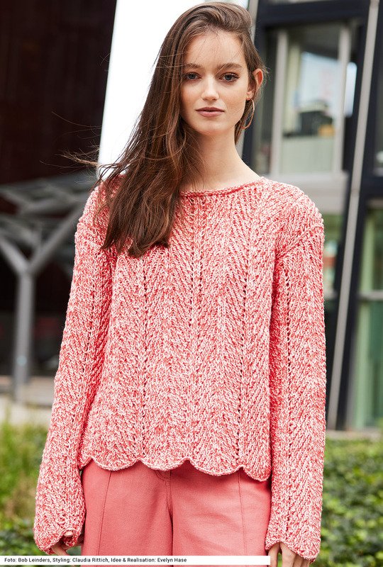 Pullover mit Zackenmuster in Korallenrot und Weiß - Bild 2